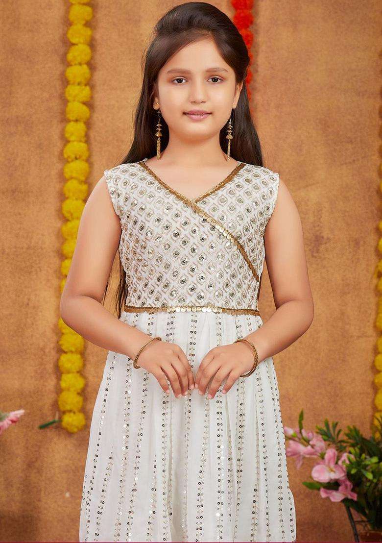 Off White Embroidered Georgette Kurta Set For Girls - Indya