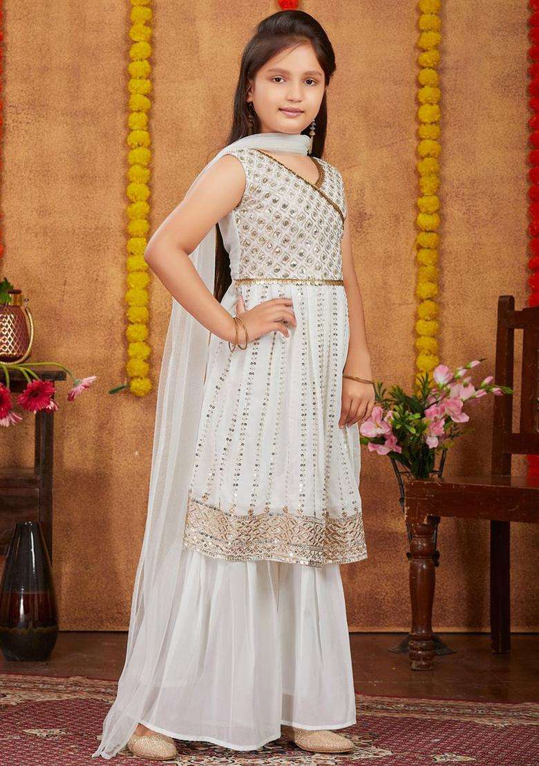 Off White Embroidered Georgette Kurta Set For Girls - Indya