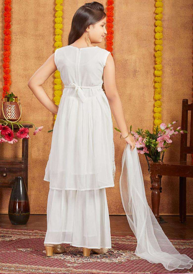 Off White Embroidered Georgette Kurta Set For Girls - Indya
