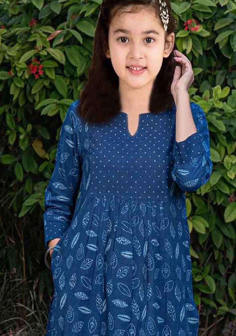 Blue Printed Silk Kurta Set For Girls - Indya