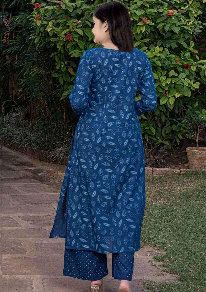 Blue Printed Silk Kurta Set For Girls - Indya