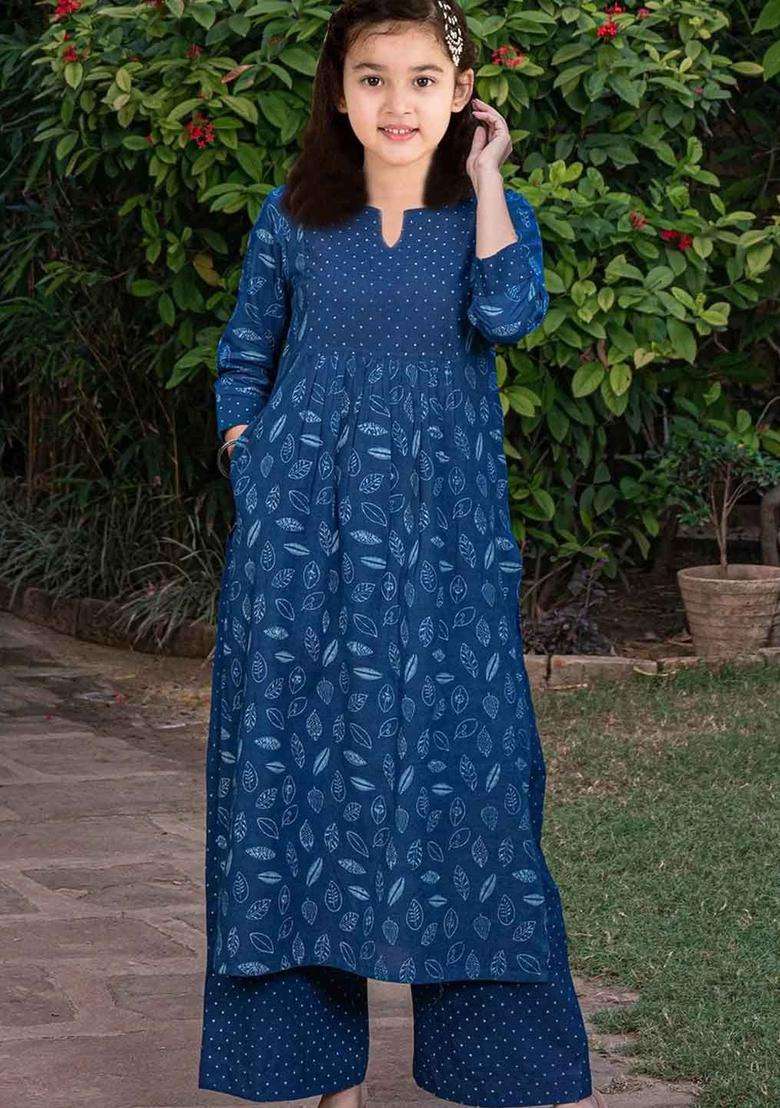 Blue Printed Silk Kurta Set For Girls - Indya
