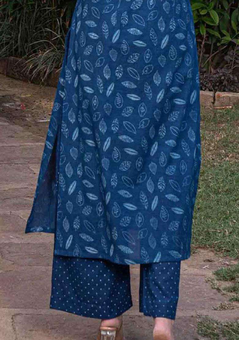Blue Printed Silk Kurta Set For Girls - Indya