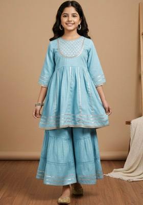 Blue Embroidered Silk Kurta Set For Girls