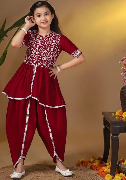 Maroon Embroidered Silk Anarkali Kurta Set For Girls — view on Indya