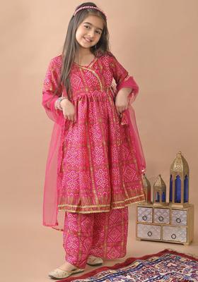 Pink Printed Chinon Kurta Set For Girls