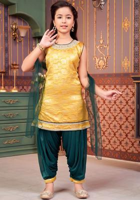 Yellow Embroidered Silk Kurta Set For Girls