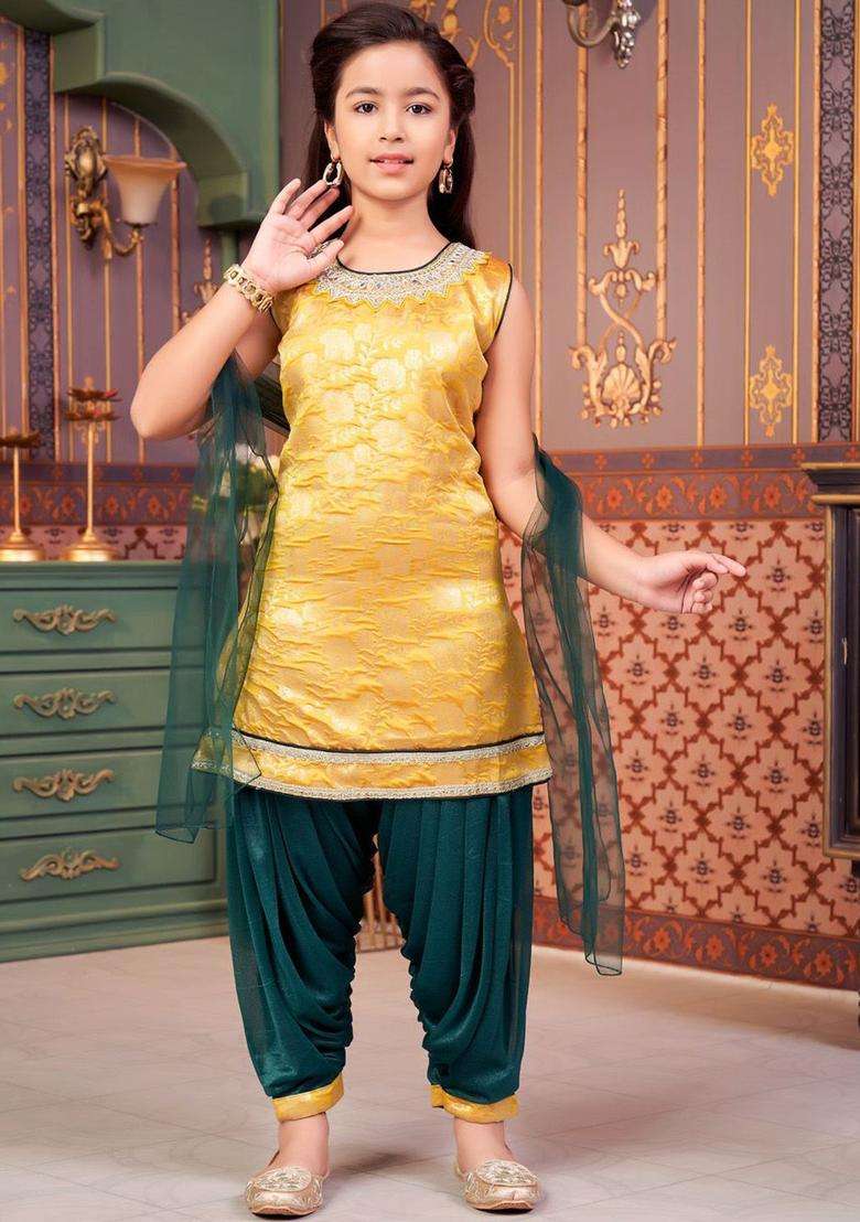 Yellow Embroidered Silk Kurta Set For Girls - Indya