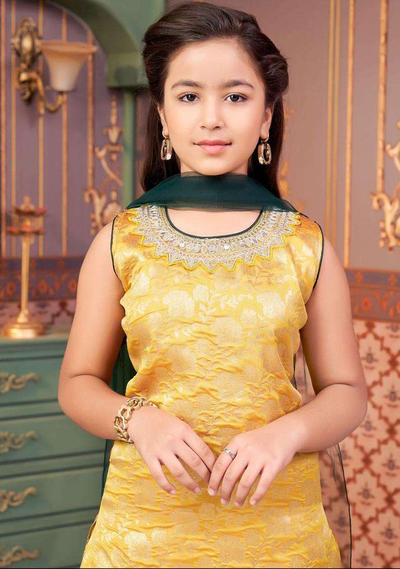 Yellow Embroidered Silk Kurta Set For Girls - Indya