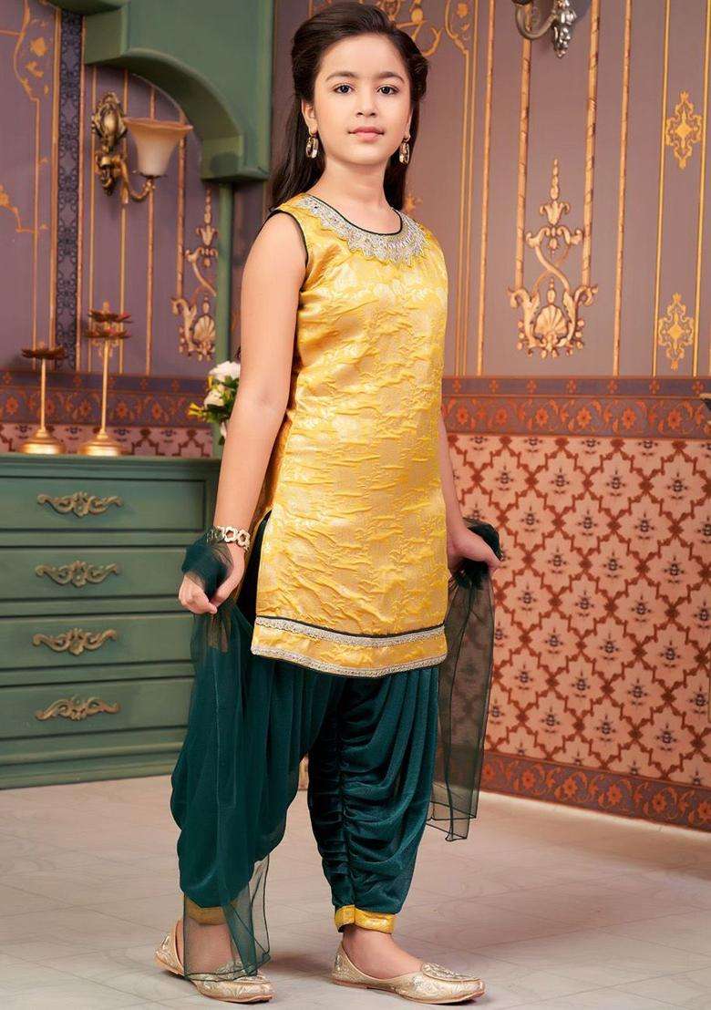 Yellow Embroidered Silk Kurta Set For Girls - Indya