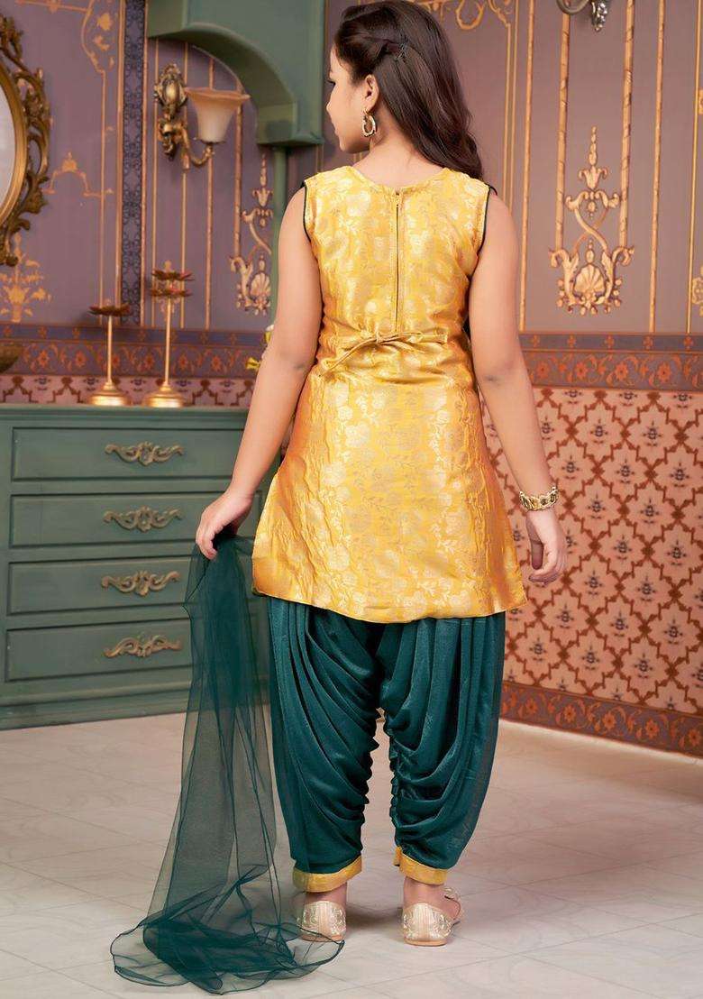 Yellow Embroidered Silk Kurta Set For Girls - Indya