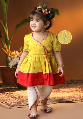 Yellow Embroidered Silk Anarkali Kurta Set For Girls