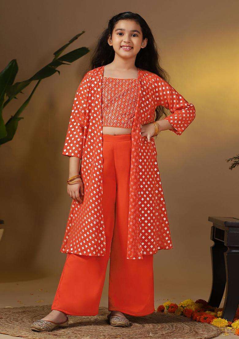 Rust Embroidered Georgette Kurta Set For Girls - Indya