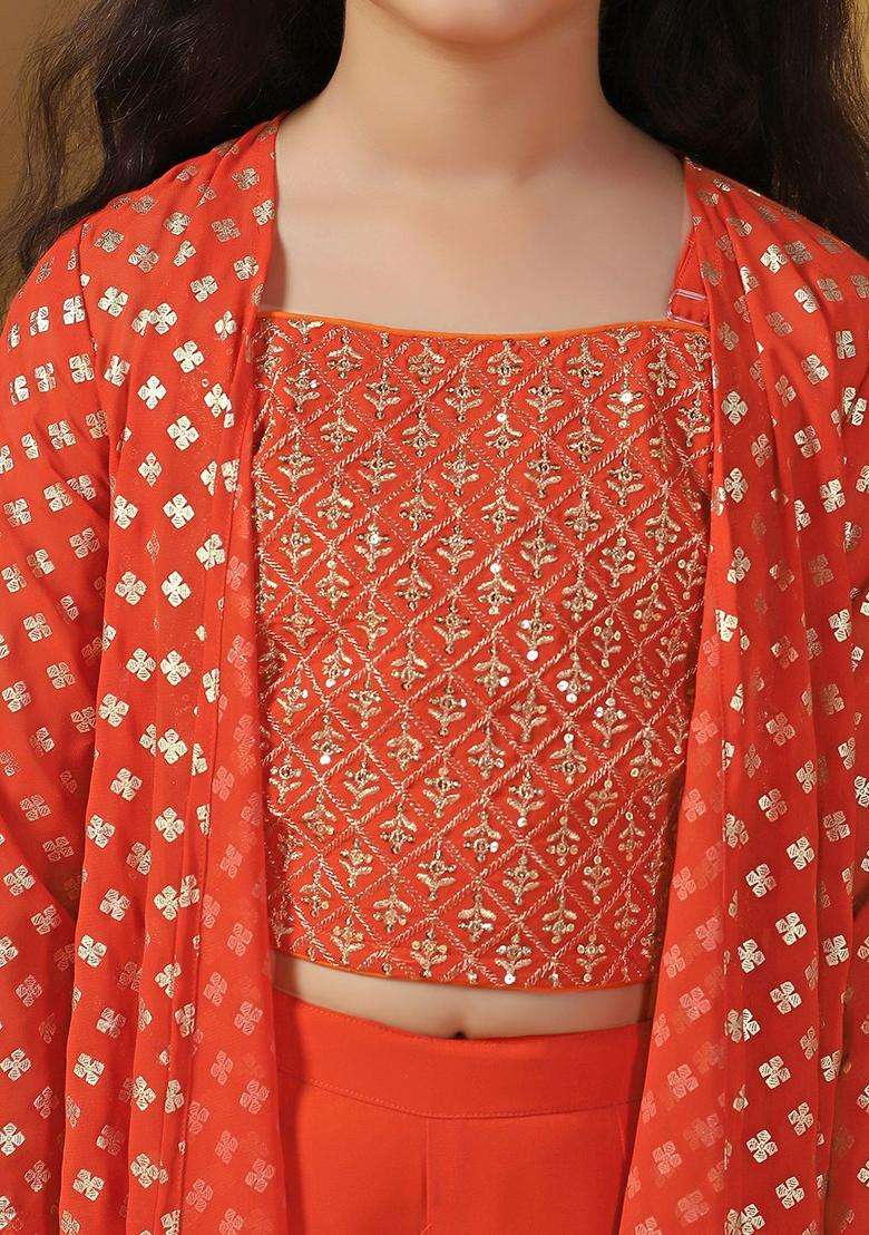 Rust Embroidered Georgette Kurta Set For Girls - Indya