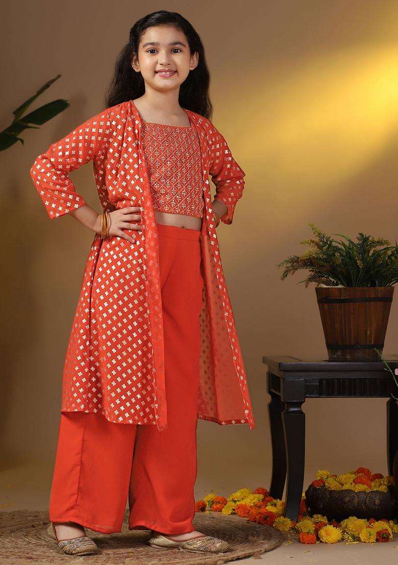 Rust Embroidered Georgette Kurta Set For Girls - Indya