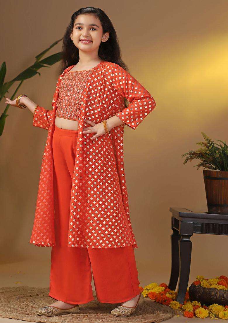 Rust Embroidered Georgette Kurta Set For Girls - Indya