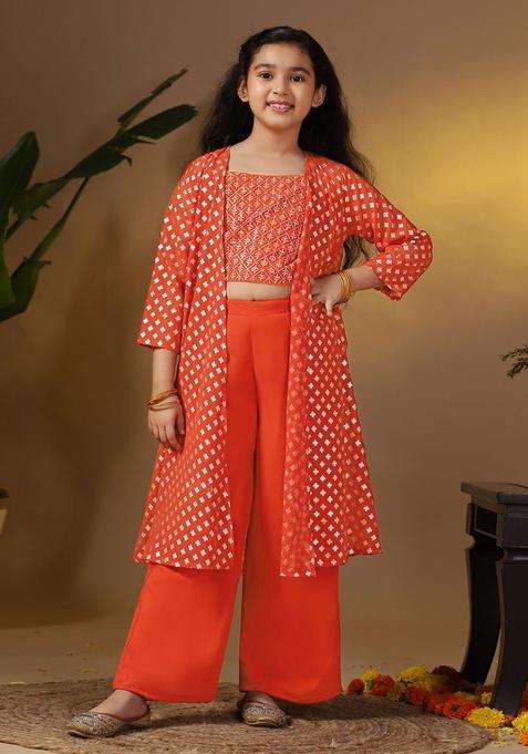 Rust Embroidered Georgette Kurta Set For Girls