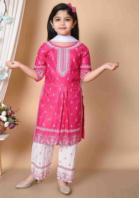 Pink Printed Viscose Kurta Set For Girls