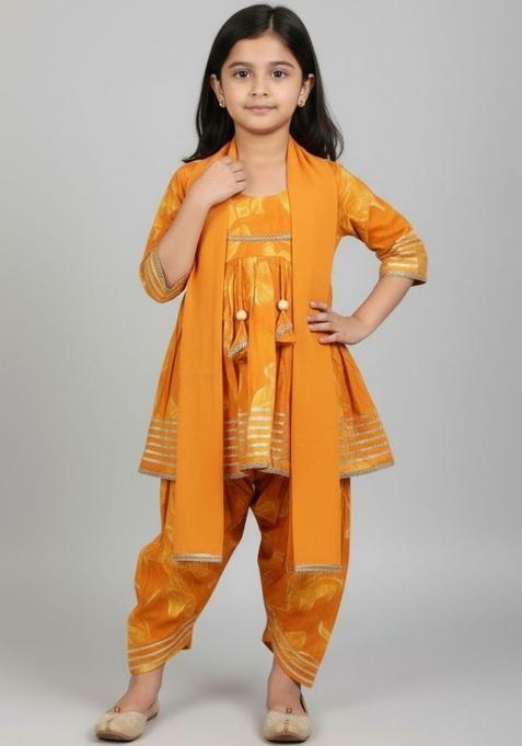 Yellow Printed Cotton Anarkali Kurta Set For Girls — view on Indya