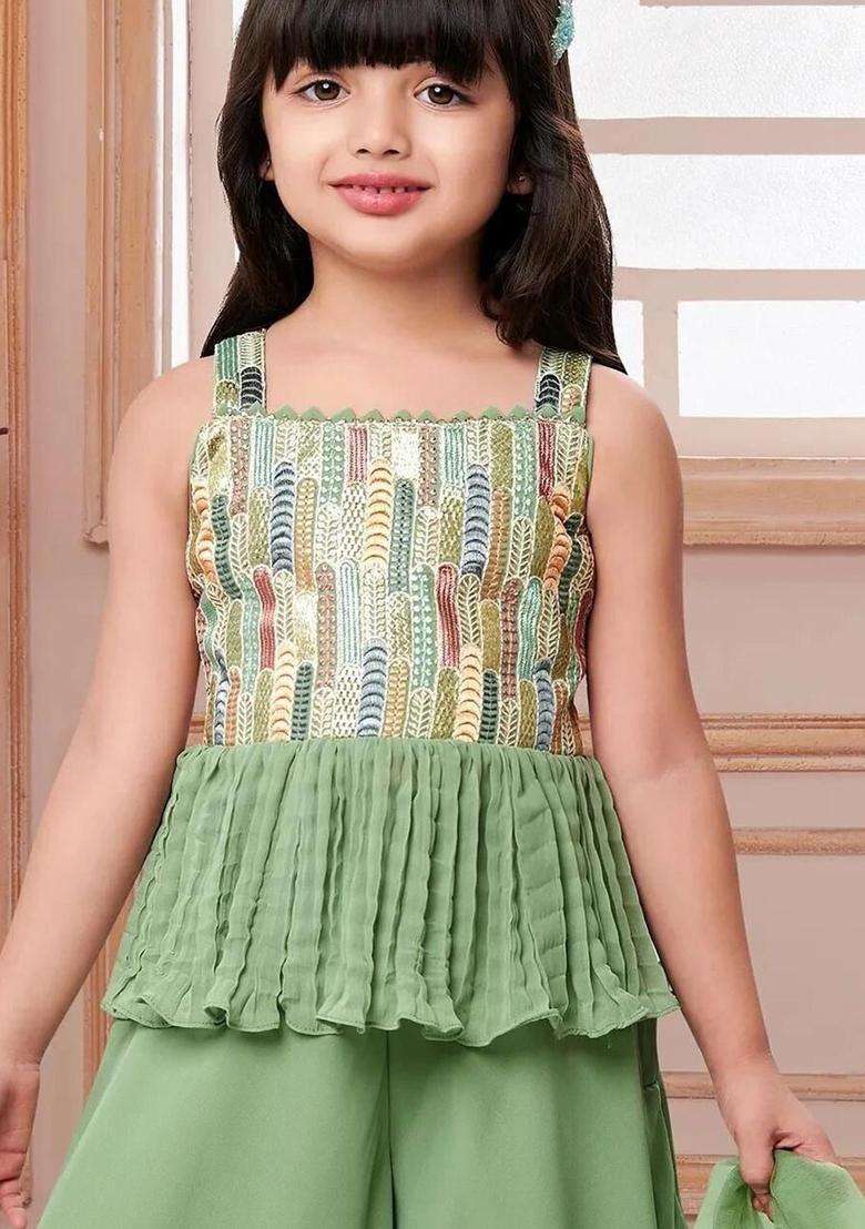 Green Embroidered Georgette Kurta Set For Girls - Indya
