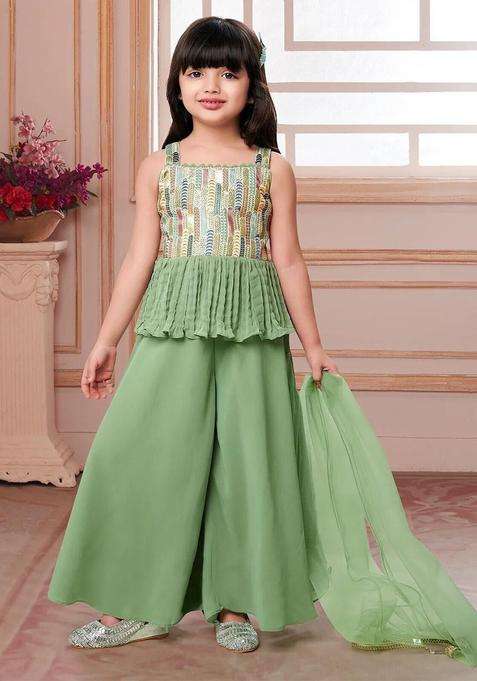 Green Embroidered Georgette Kurta Set For Girls
