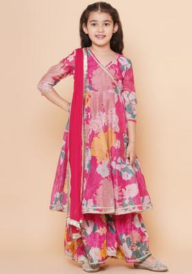 Pink Printed Chinon Kurta Set For Girls
