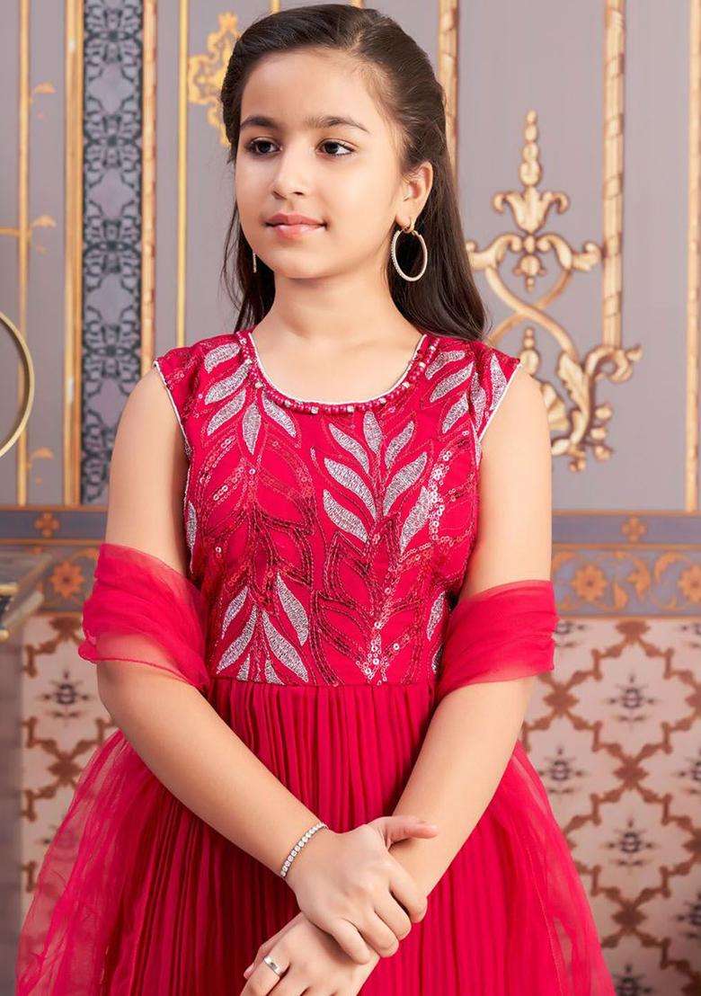 Pink Embroidered Georgette Anarkali Kurta Set For Girls - Indya