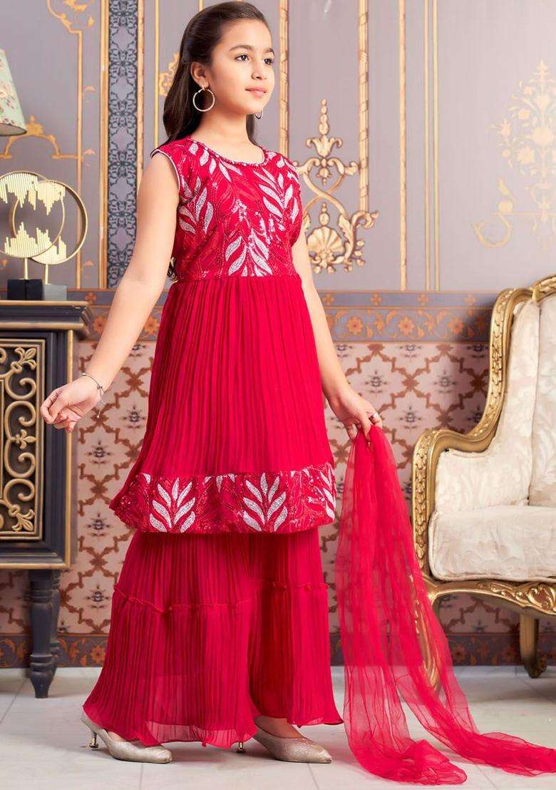 Pink Embroidered Georgette Anarkali Kurta Set For Girls - Indya