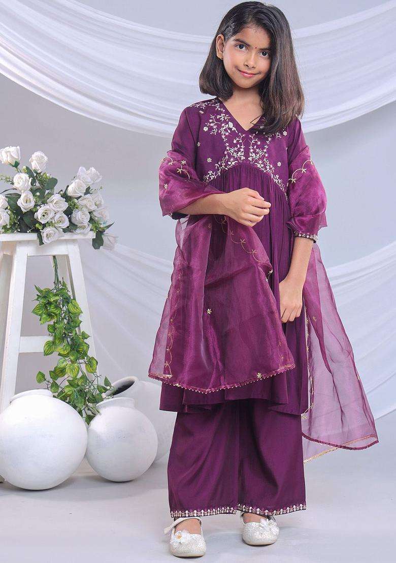 Purple Yoke Design Silk Anarkali Kurta Set For Girls - Indya