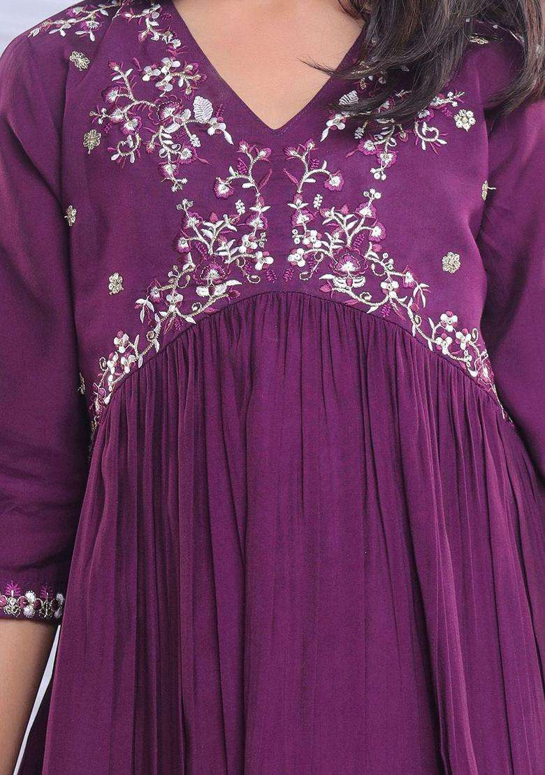 Purple Yoke Design Silk Anarkali Kurta Set For Girls - Indya