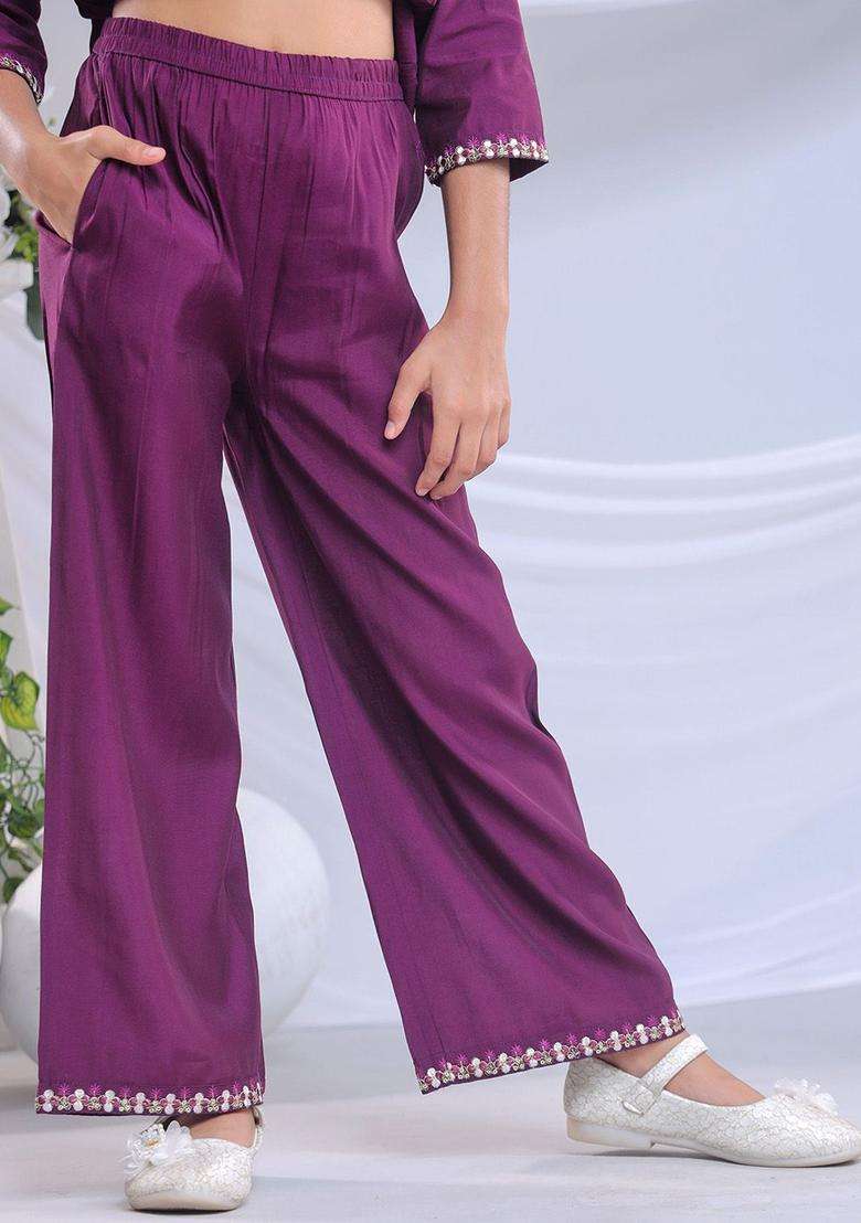 Purple Yoke Design Silk Anarkali Kurta Set For Girls - Indya