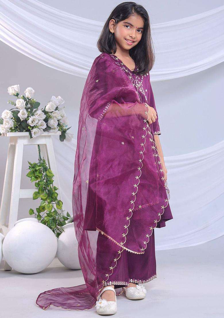 Purple Yoke Design Silk Anarkali Kurta Set For Girls - Indya