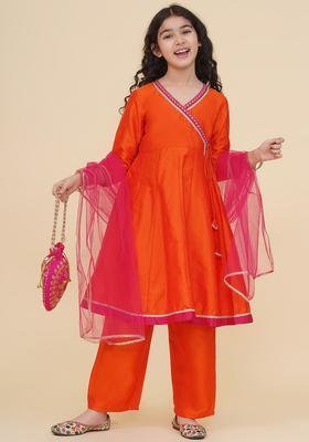 Orange Yoke Design Silk Kurta Set For Girls