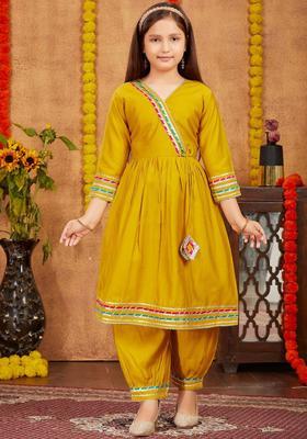 Yellow Solid Silk Anarkali Kurta Set For Girls