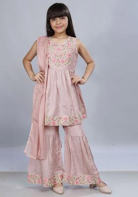 Pink Embroidered Silk Anarkali Kurta Set For Girls