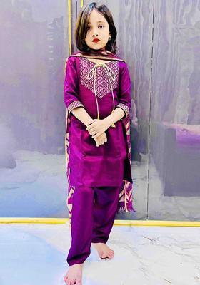 Purple Embroidered Viscose Kurta Set For Girls