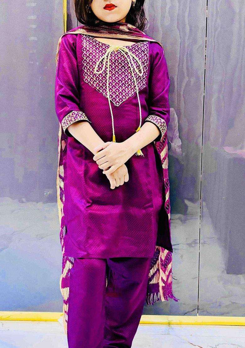 Purple Embroidered Viscose Kurta Set For Girls - Indya