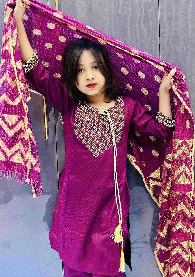 Purple Embroidered Viscose Kurta Set For Girls - Indya