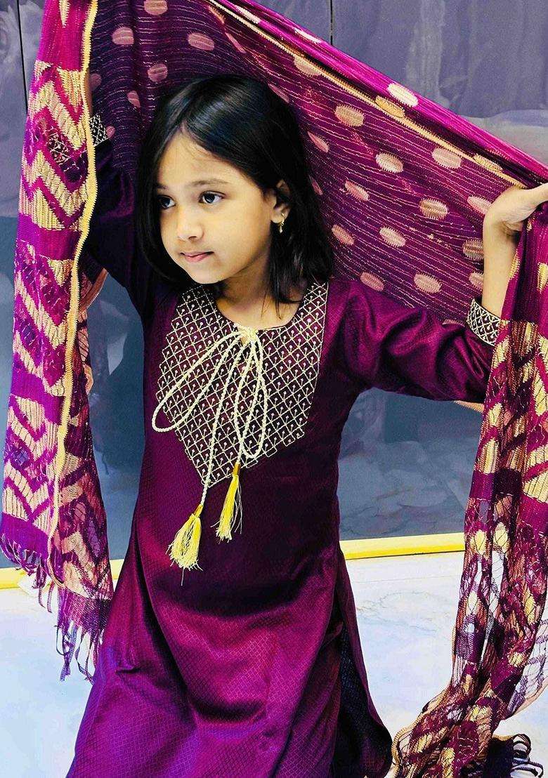 Purple Embroidered Viscose Kurta Set For Girls - Indya