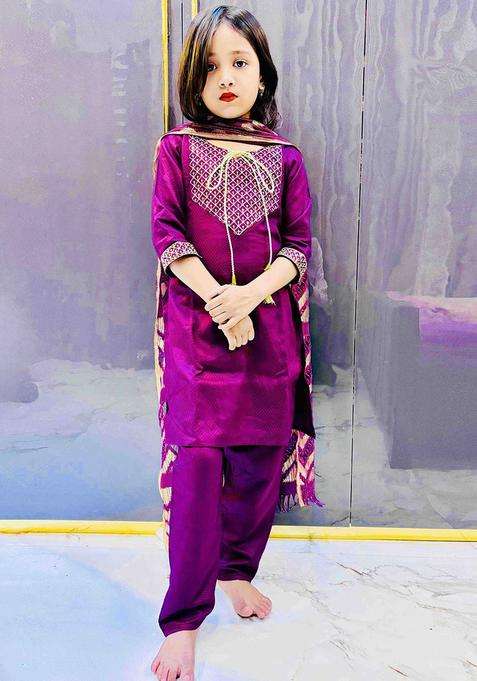 Purple Embroidered Viscose Kurta Set For Girls