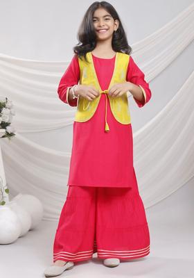 Red Embroidered Silk Kurta Set For Girls
