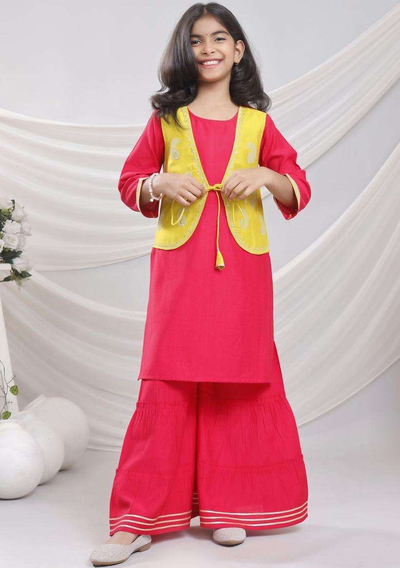 Red Embroidered Silk Kurta Set For Girls - Indya