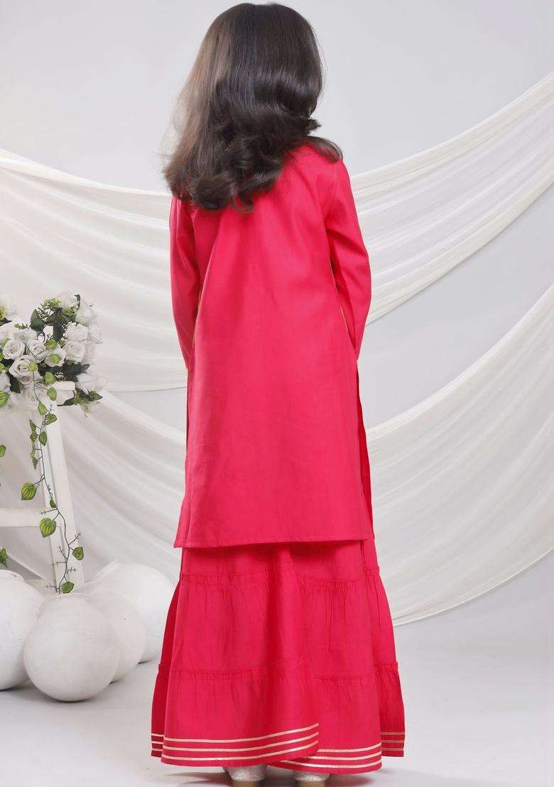 Red Embroidered Silk Kurta Set For Girls - Indya