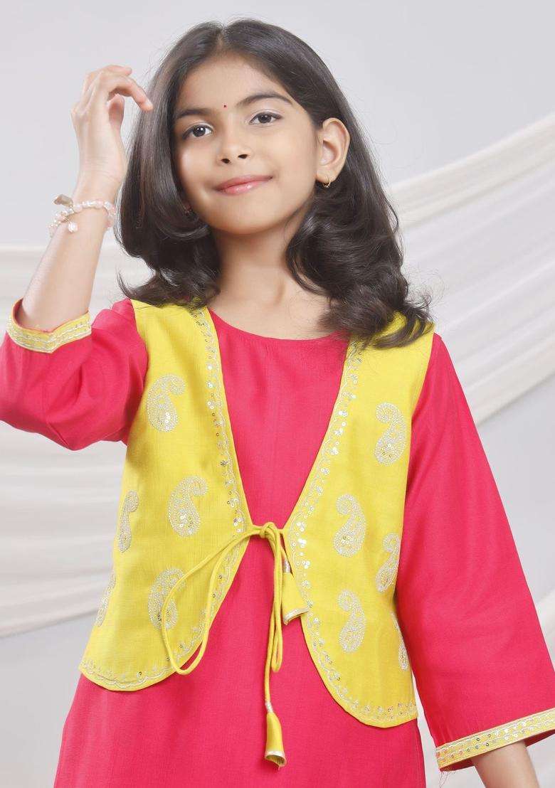 Red Embroidered Silk Kurta Set For Girls - Indya