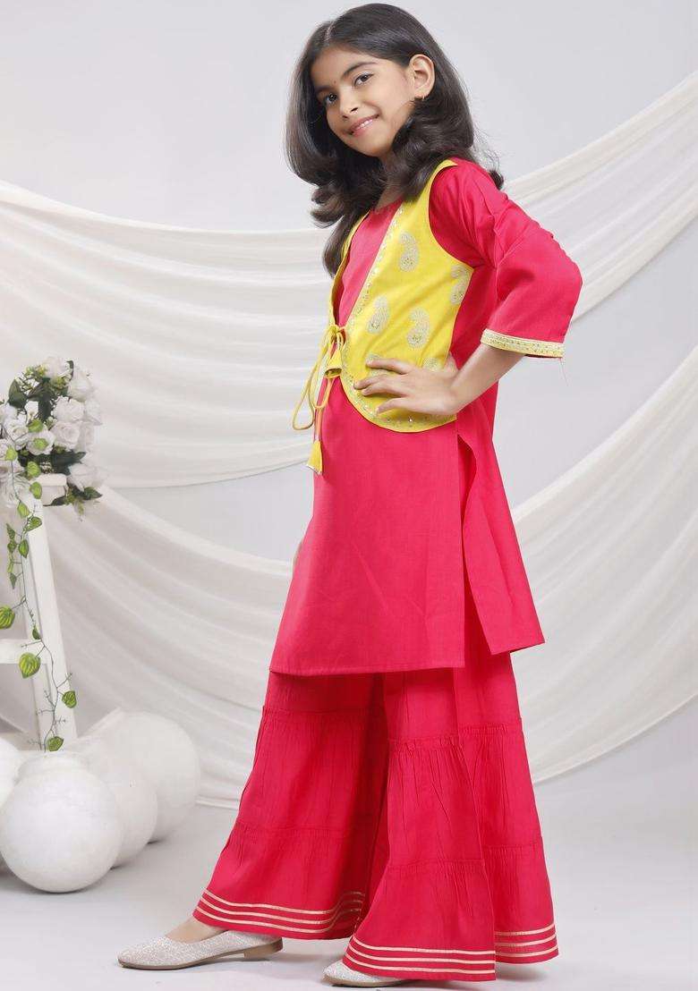 Red Embroidered Silk Kurta Set For Girls - Indya