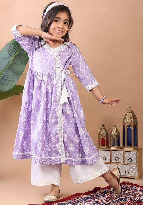 Purple Printed Cotton Anarkali Kurta Set For Girls — view on Indya