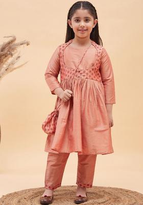 Mauve Printed Viscose Anarkali Kurta Set For Girls
