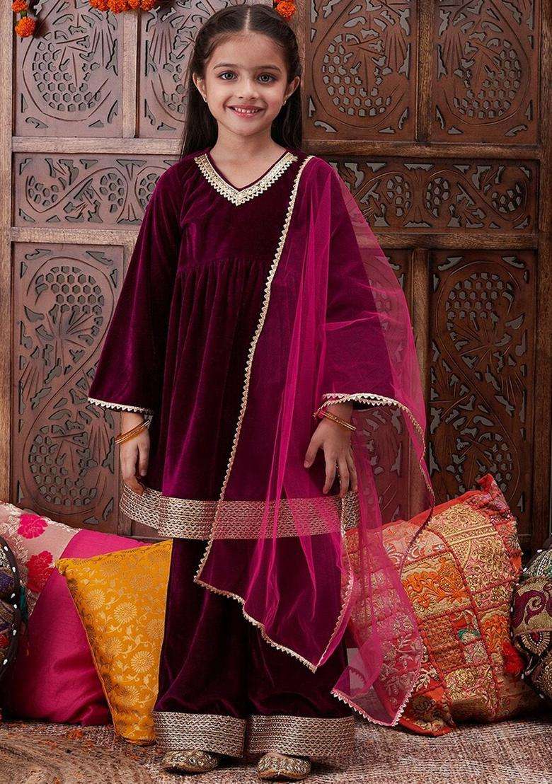 Burgundy Solid Velvet Kurta Set For Girls - Indya