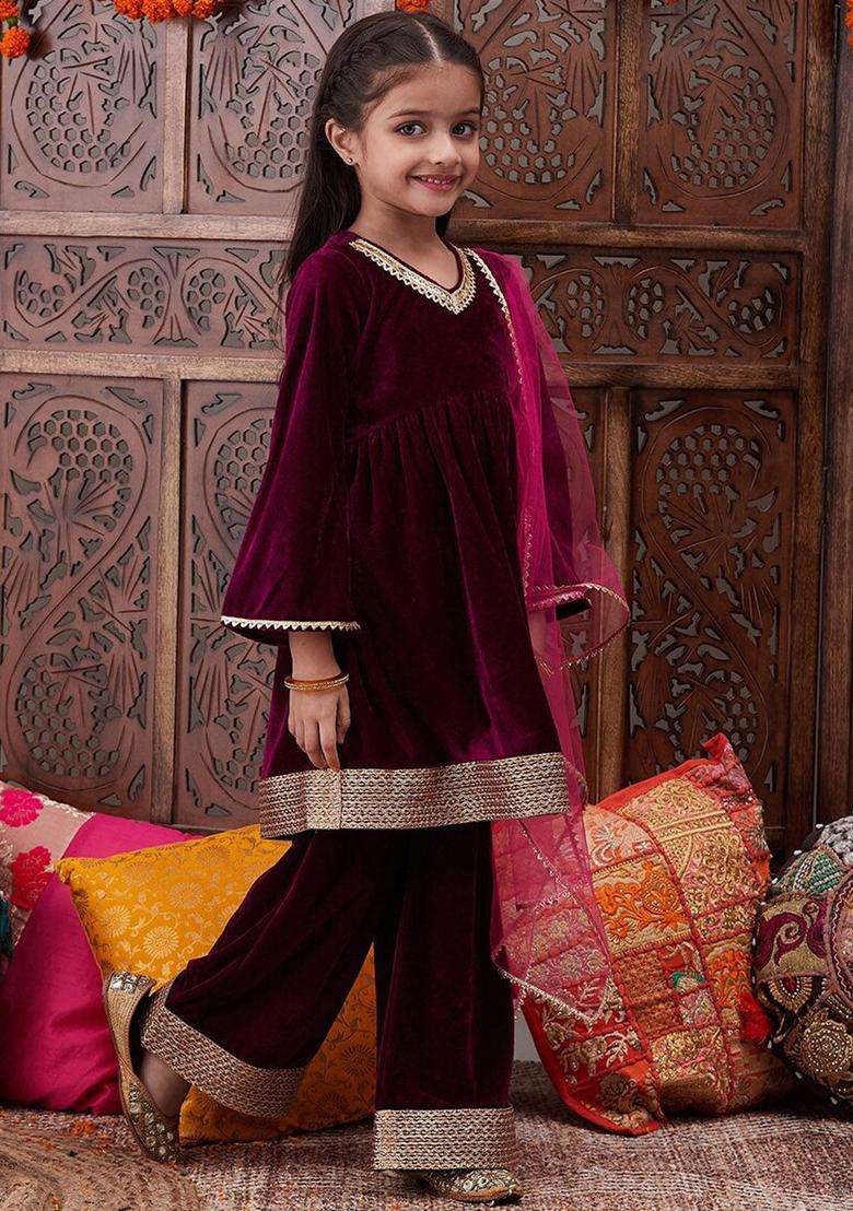 Burgundy Solid Velvet Kurta Set For Girls - Indya