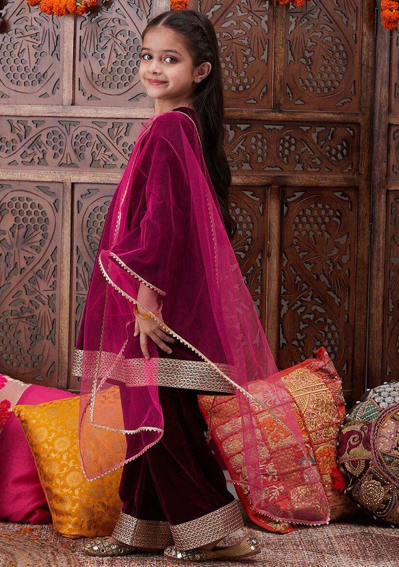 Burgundy Solid Velvet Kurta Set For Girls - Indya